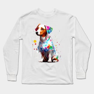 Graceful Dachshund in Embroidered White Cheongsam Dress Long Sleeve T-Shirt